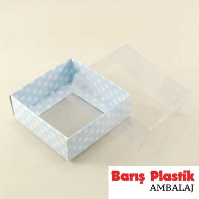 Asetat Kapaklı Mavi Puantiyeli Karton Kutu 8x8x3 Cm - 1