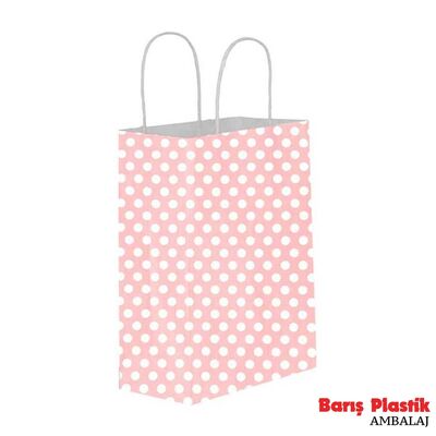 Kağıt Çanta Mini Boy 15x 8 x 20 Cm Puanlı Pembe 25'li - 1