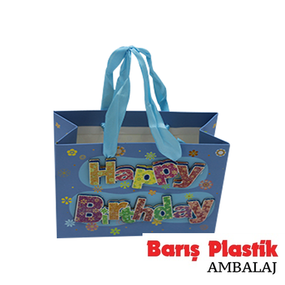 Karton Çanta Mini İthal 11x14 12 'li Kabartma Happy Birthday Mavi - 1