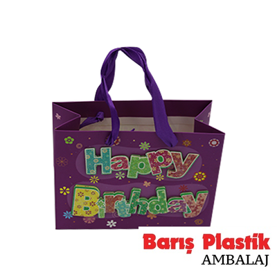 Karton Çanta Mini İthal 11x14 12 'li Kabartma Happy Birthday Mor - 1